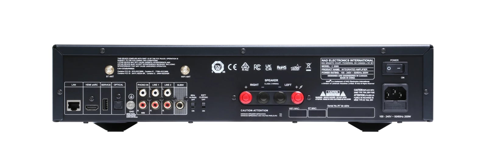 NAD amplifier rear panel with audio inputs, network and HDMI ports, subwoofer output and speaker terminals.