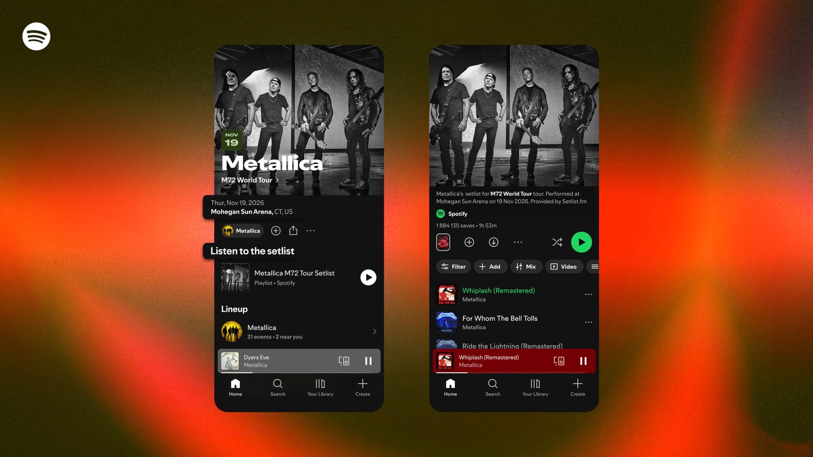 Spotify screens show a Metallica concert page beside its setlist playlist.