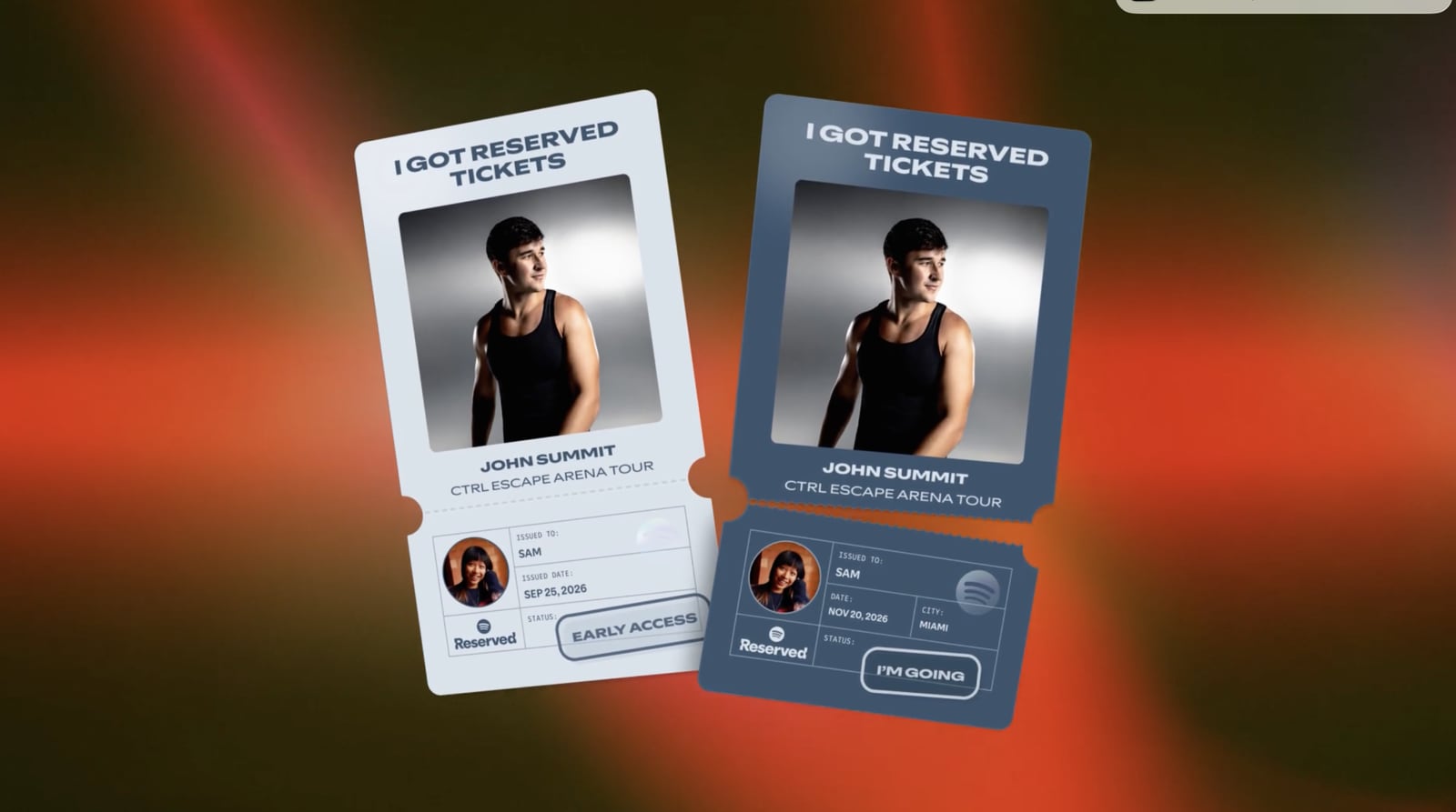 Two John Summit Reserved share cards show early access and attendance statuses for a listener named Sam.