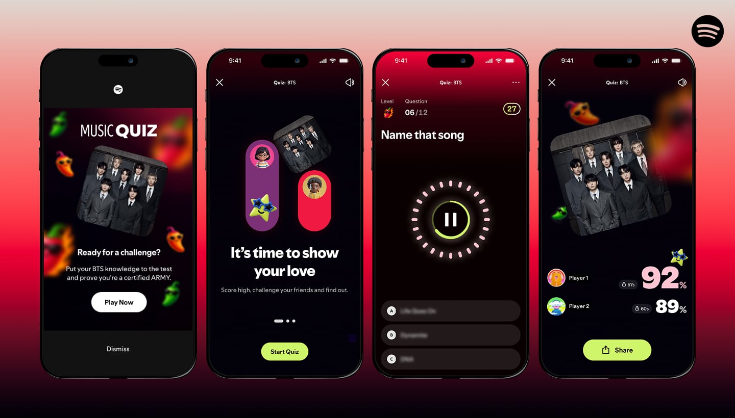 Four phones show Spotify’s BTS Music Quiz welcome screen, introduction, song question and player scores.