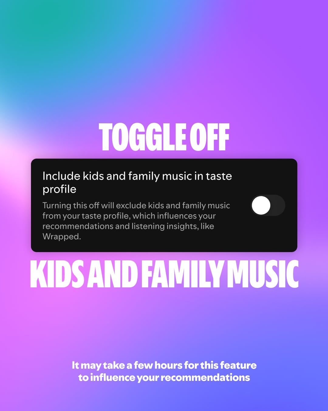 Spotify's Include kids and family music in taste profile toggle is switched off beside explanatory text.