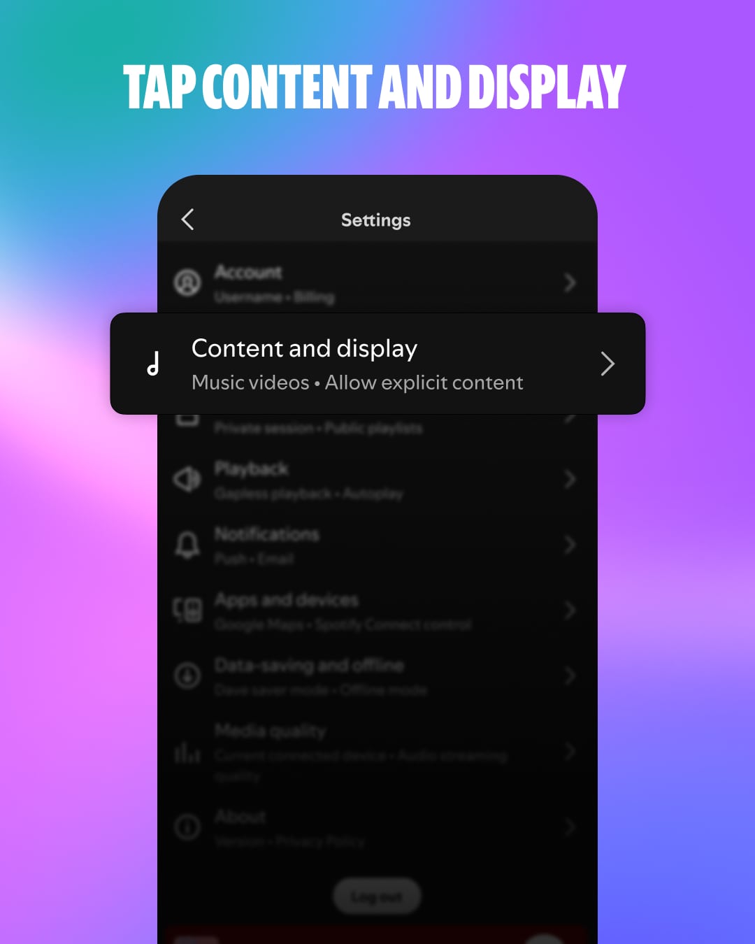 Spotify's settings screen highlights Content and display.