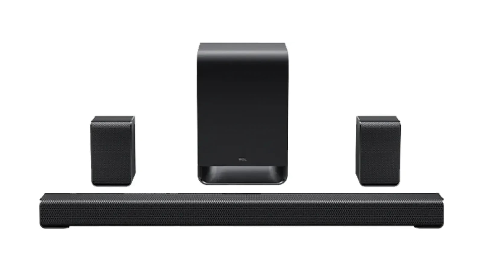 Black TCL soundbar with a tall subwoofer and two compact satellite speakers.