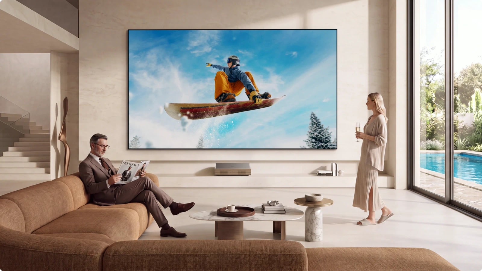 A projector beneath a large screen showing a snowboarder in a sunlit living room with two people.